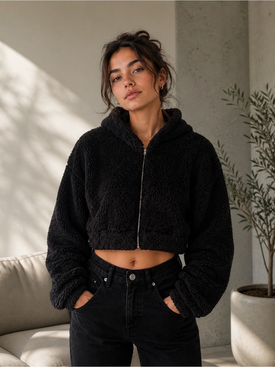 SHEIN Jackets & Blazers - SHEIN Women’s Cropped Black Sherpa Zip-Up Hoodie Jacket! Small!
